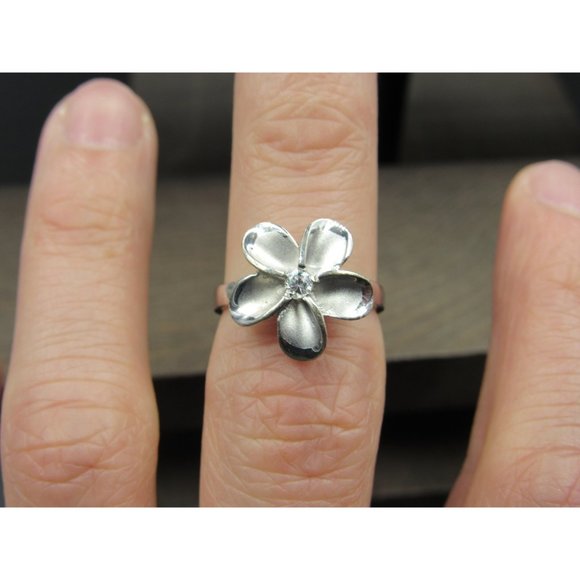 Size 6.25 Sterling Silver Cubic Zirconia Single Gem Flower Band Ring Vintage - Picture 3 of 7